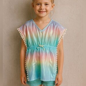 NWT Cat & Jack Pink Rainbow Pom-Pom Peplum Batwing Summer Top Size 6